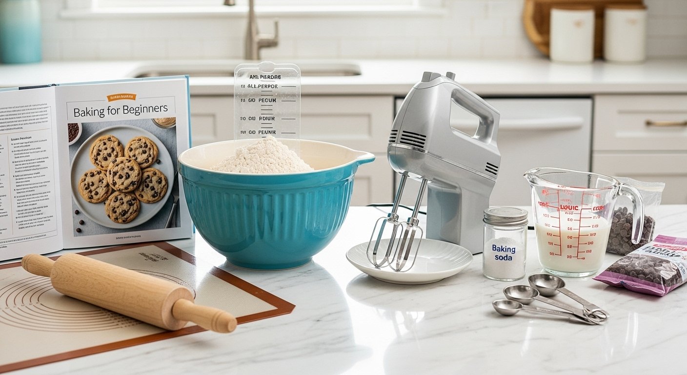 A clean kitchen counter with essential baking tools laid out, ready for how to bake cookies for beginners.