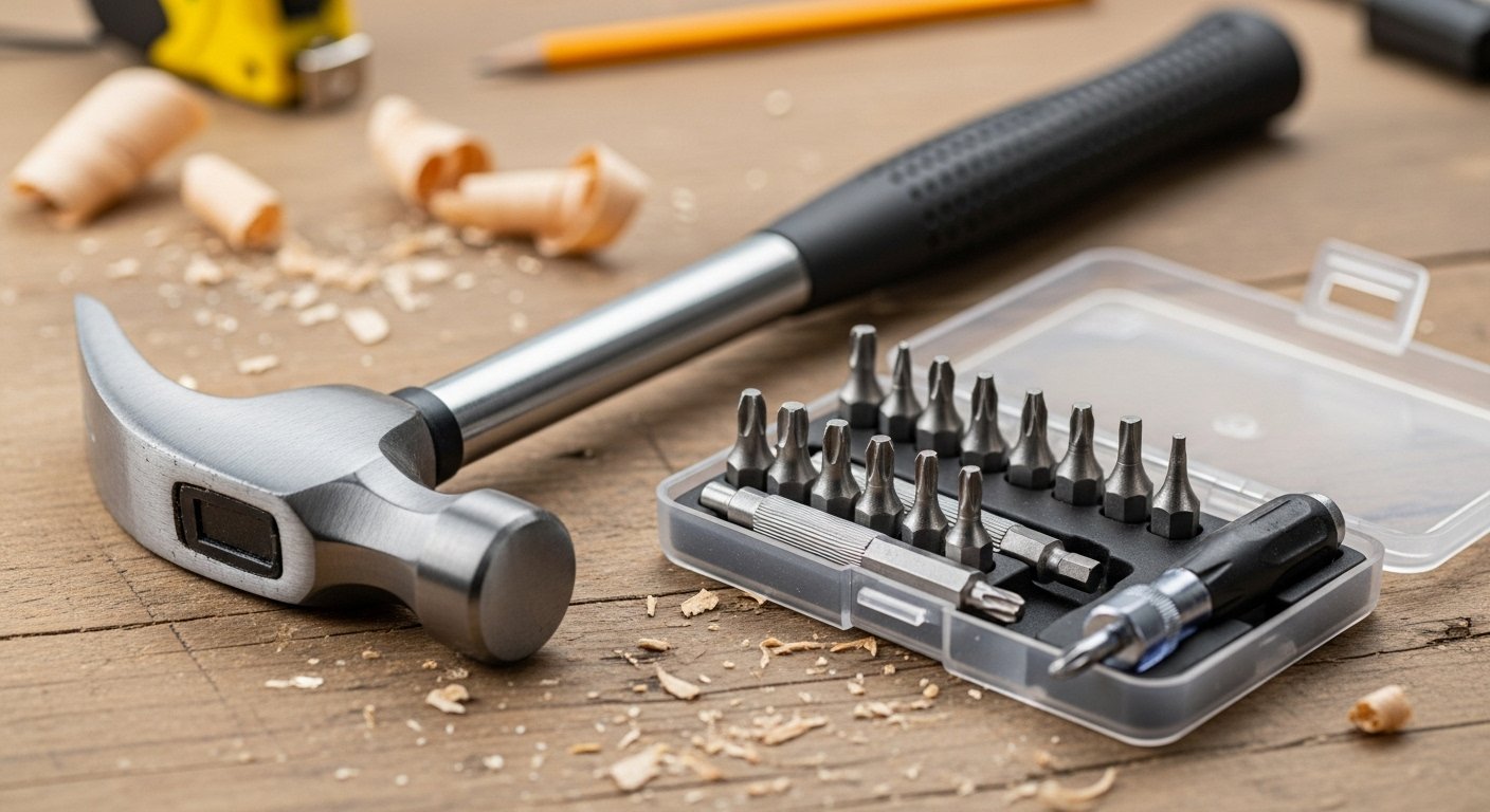 A close-up of a claw hammer resting on a workbench next to a screwdriver set, illustrating basic home decor tool kit essentials.