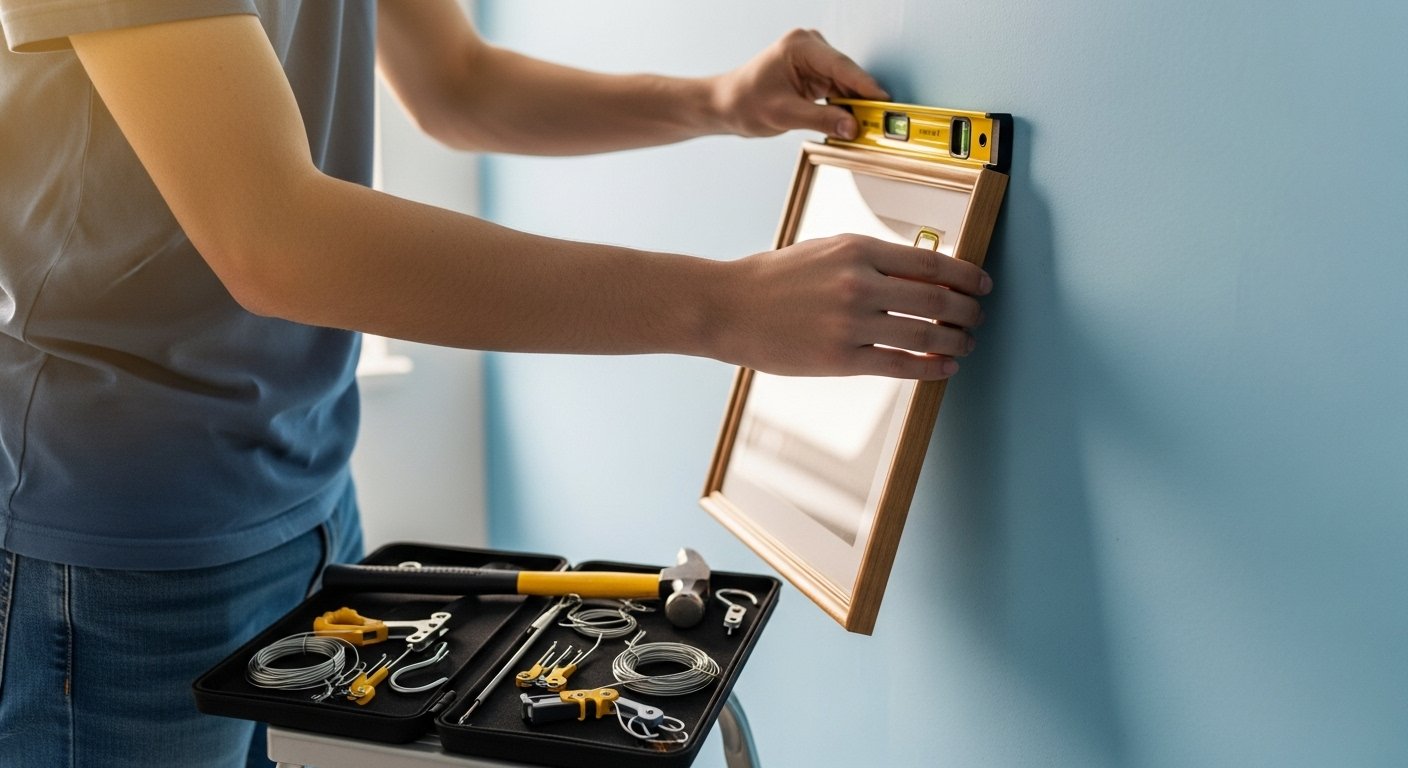 A close-up of a student hanging a picture on a freshly painted wall, using a level and a picture hanging kit, emphasizing a home decor tool kit in use.