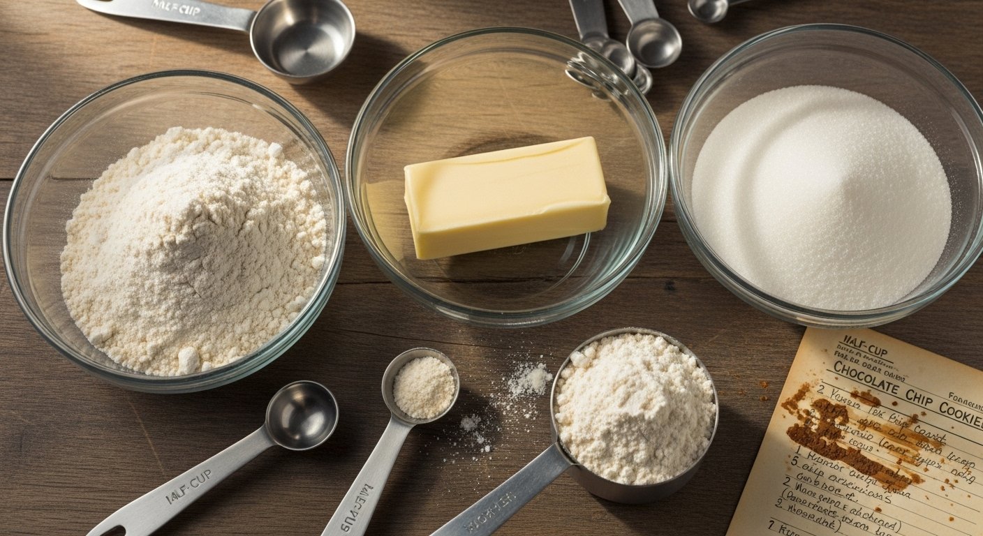 A close-up of basic ingredients for how to bake cookies for beginners, including all-purpose flour, unsalted butter, and granulated sugar.