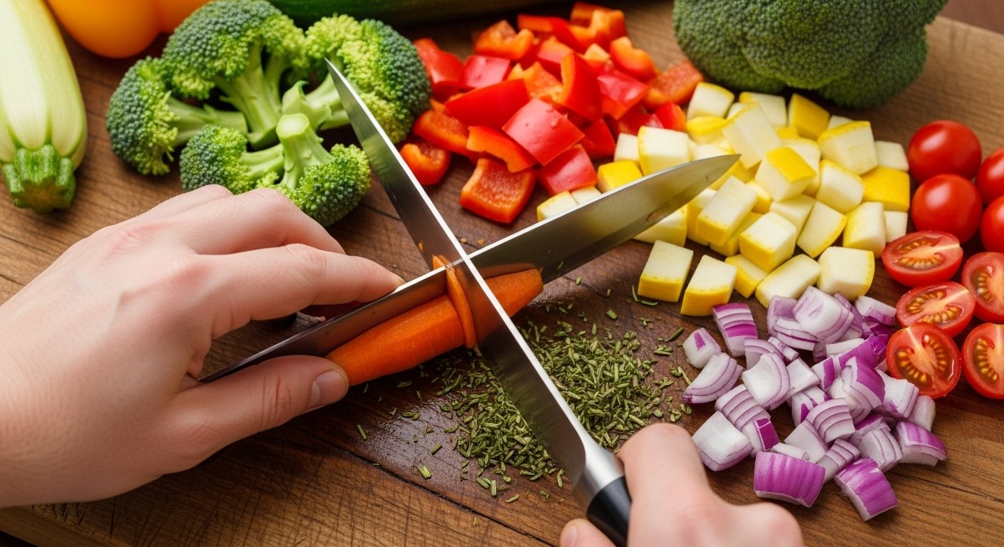 A close-up shot of a chef's hands using a sharp knife to cut various vegetables into uniform, bite-sized pieces on a wooden cutting board, preparing them for perfect roasting. This image shows a key step in how to roast vegetables perfectly.