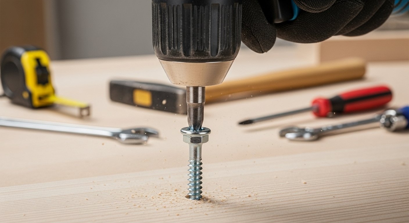 A close-up shot of a Cordless Drill/Driver in action, screwing a bolt into a piece of wooden furniture, with other Best Furniture Assembly Tools blurred in the background.
