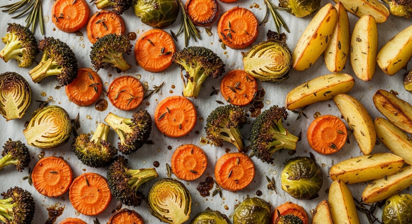 A close-up, top-down shot of a colorful assortment of perfectly roasted vegetables, golden brown and slightly crispy, on a large sheet pan with parchment paper. The vegetables include broccoli, carrots, Brussels sprouts, and potatoes, all seasoned and glistening with olive oil. This image illustrates how to roast vegetables perfectly.