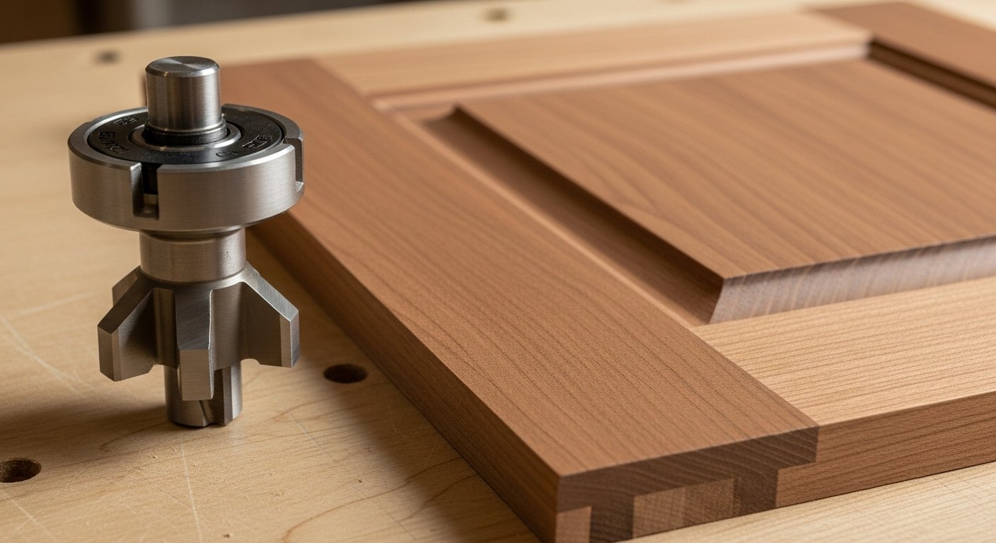 A close-up view of a panel raising router bit, illustrating how various router bits for woodworking joints create professional-grade results like this finished raised panel cabinet door.