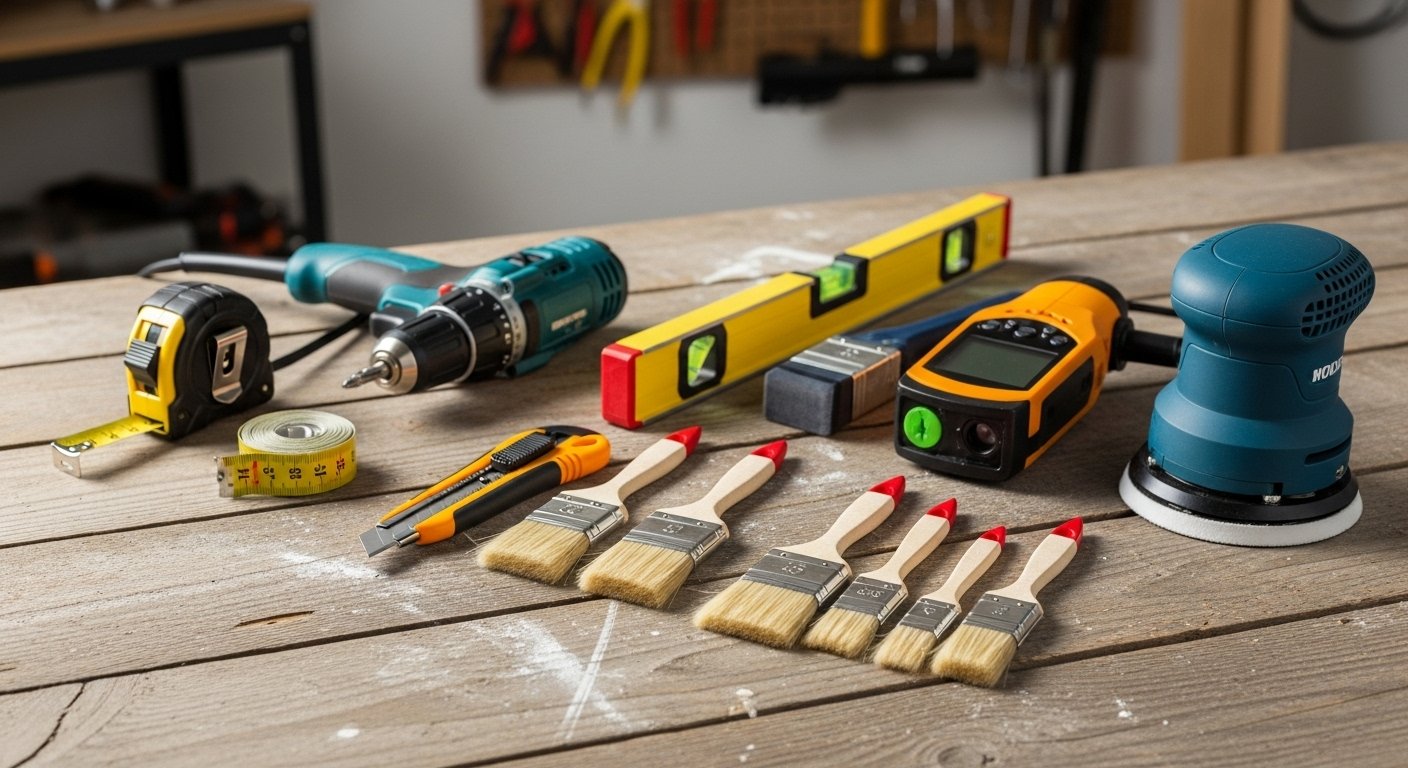 A collection of 7 essential home decor tools laid out neatly on a workbench, including a measuring tape, power drill, level, utility knife, paint brushes, stud finder, and orbital sander. Focus on a clear, well-lit shot with a practical, encouraging tone. Essential home decor tools.