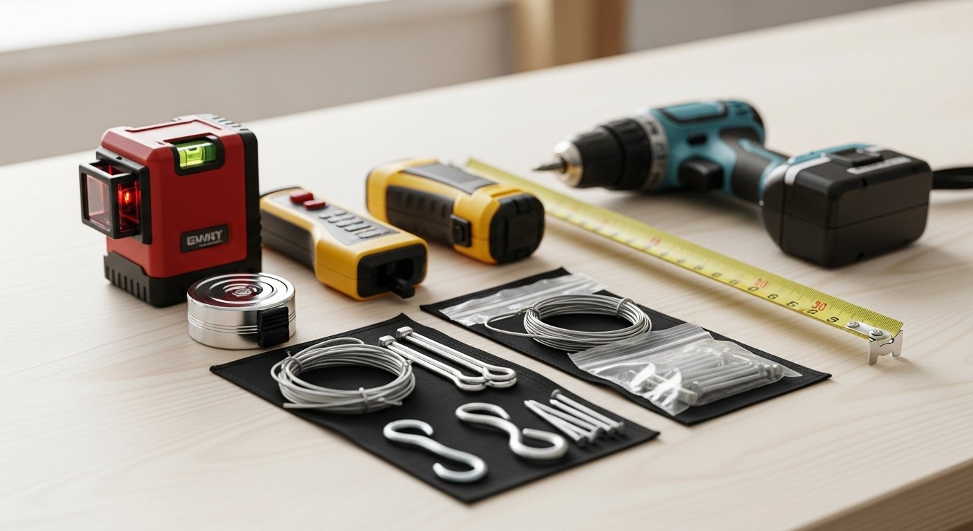 A collection of essential picture hanging tools laid out on a clean workbench, including a laser level, stud finder, measuring tape, drill, and various picture hanging hardware. The tools are neatly organized and ready for use, bathed in soft, natural light.