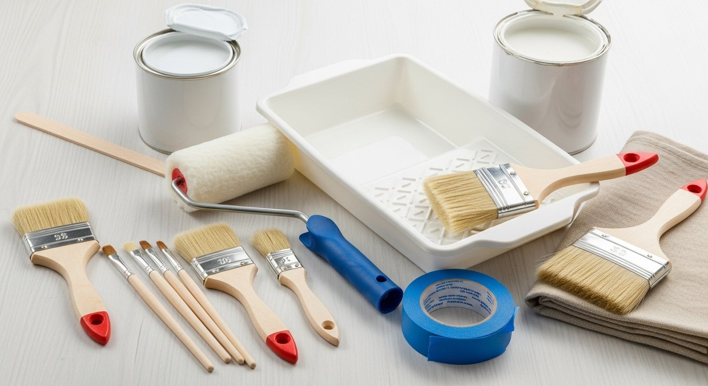A collection of painting supplies including paintbrushes, rollers, a paint tray, and painter's tape, neatly arranged as part of a home decor tool kit for a painting project.