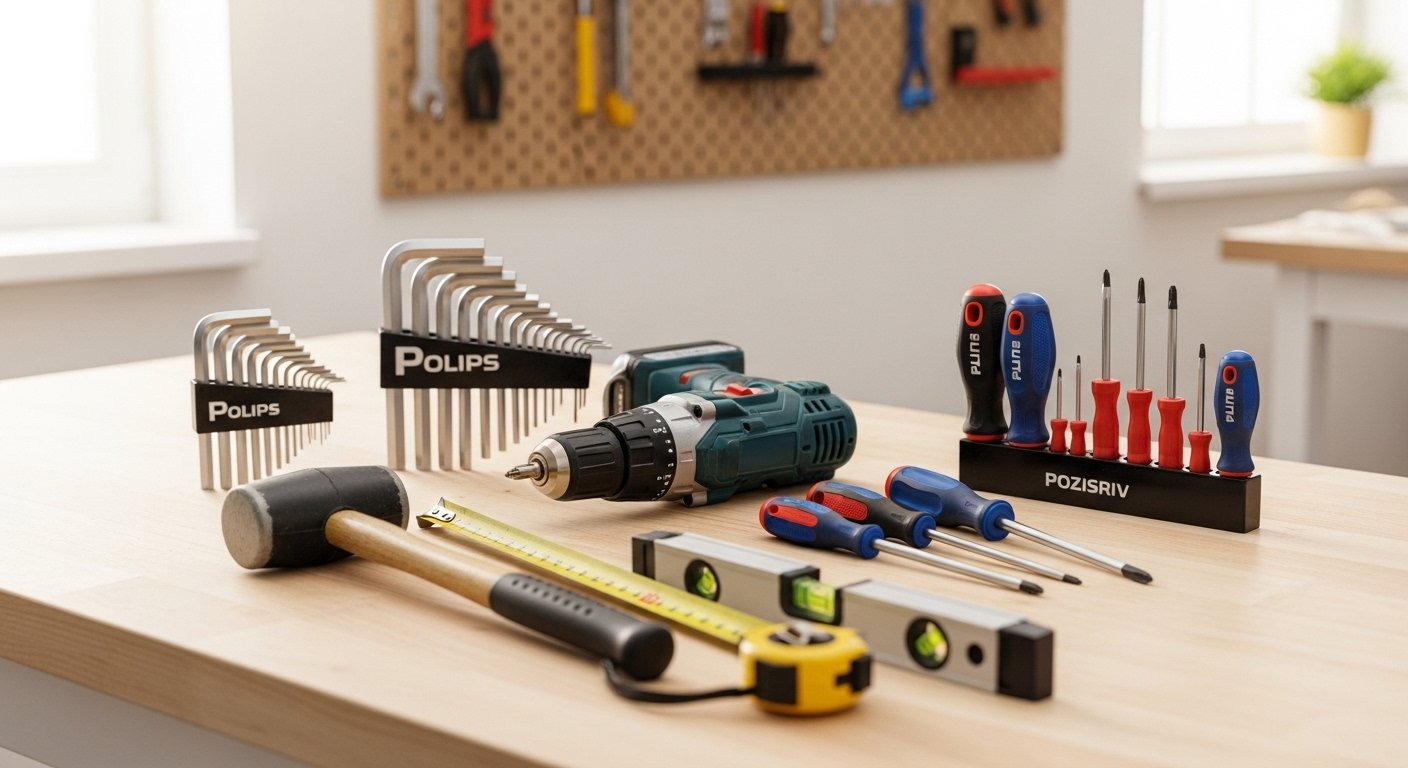A collection of the Best Furniture Assembly Tools laid out neatly on a workbench, including a cordless drill, various screwdrivers, an Allen wrench set, a rubber mallet, measuring tape, and a level. The background is a clean, bright home workshop.