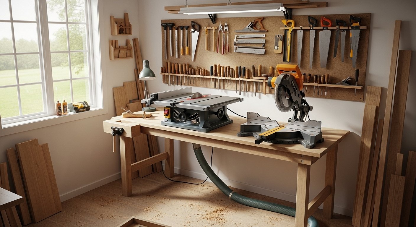 A compact, organized small woodworking shop with essential woodworking tools for small shops, including a benchtop table saw, miter saw, and various hand tools. The shop should look functional and well-utilized, with natural light.