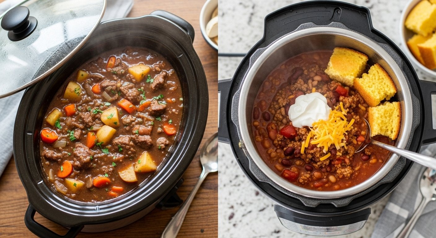 A delicious, perfectly cooked meal, such as a hearty stew or chili, in both a slow cooker and an Instant Pot, highlighting the slow cooker vs instant pot differences in final dish presentation.