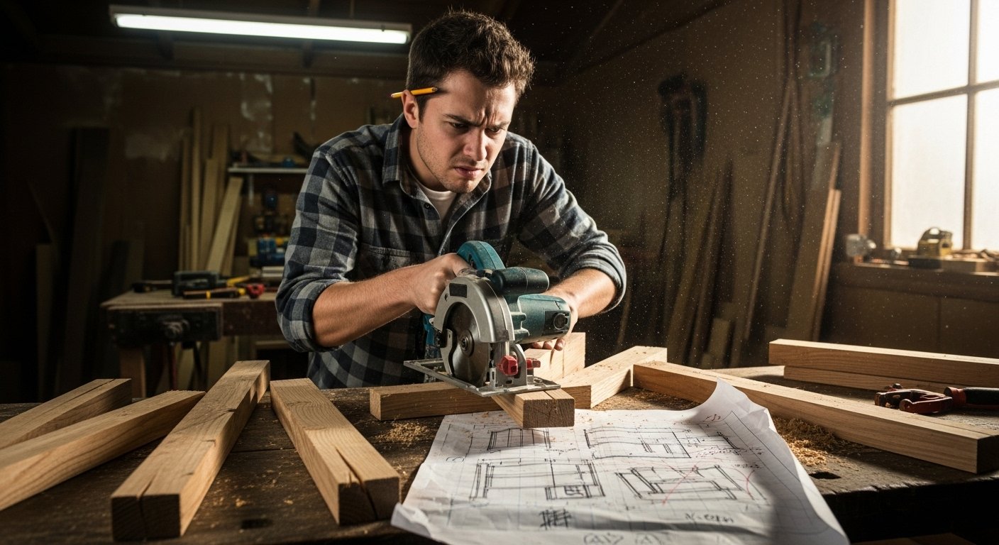 A frustrated beginner woodworker clearly demonstrating common beginner woodworking tool mistakes by rushing a complex cut, surrounded by poorly cut pieces of wood and a hastily drawn plan.