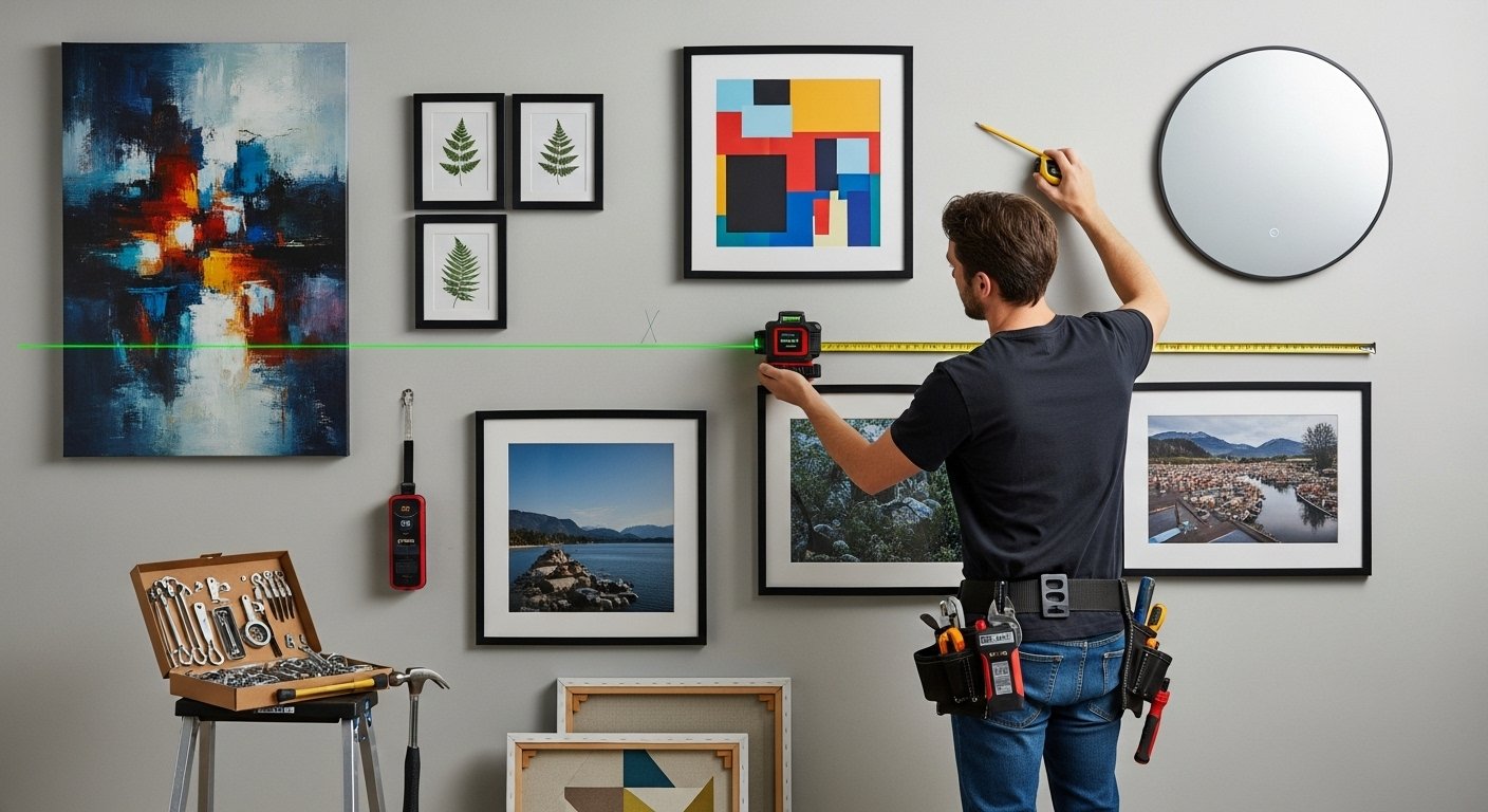 A gallery wall arrangement being meticulously installed by a person using a laser level and measuring tape, showcasing various picture hanging tools in action. The art pieces are of different sizes, creating a dynamic visual.