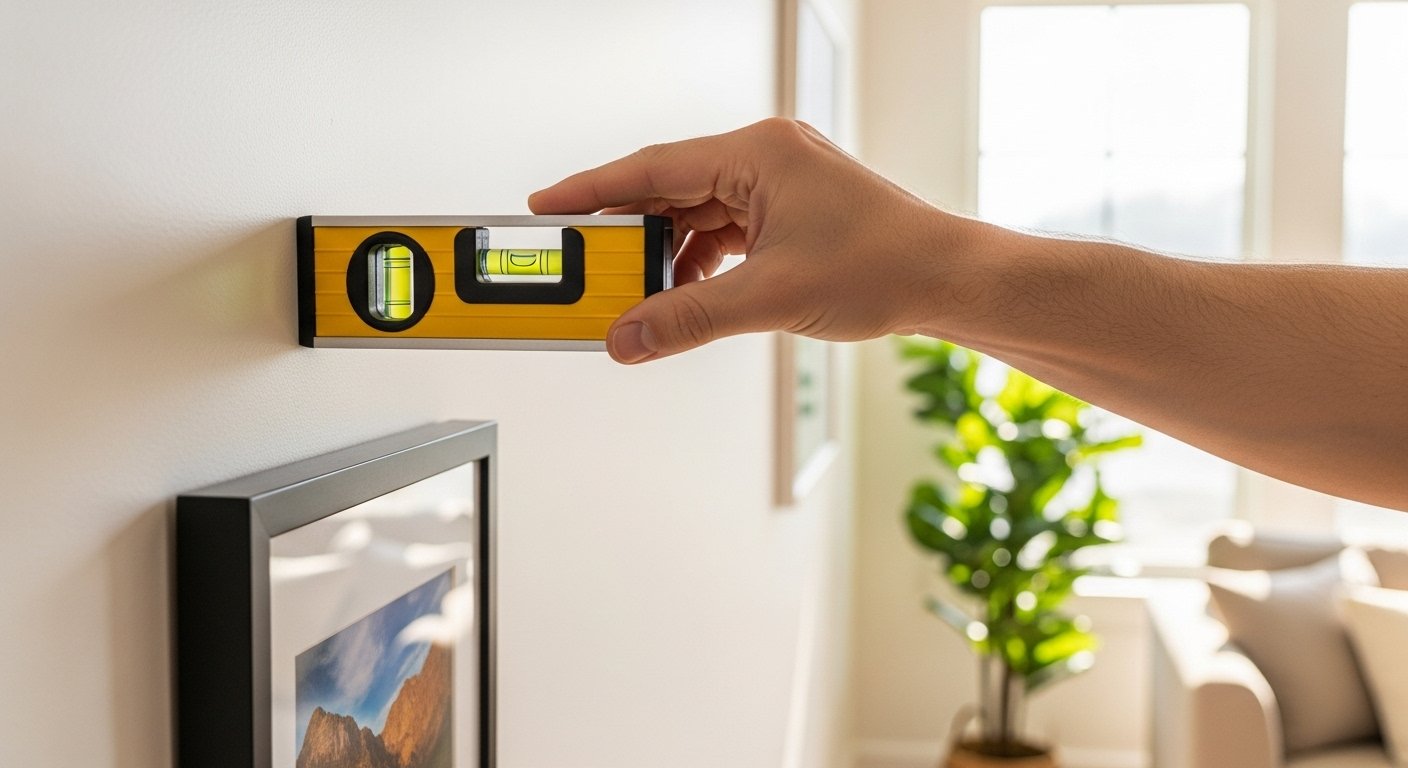A hand holding a level against a wall to ensure a picture frame is hung straight, in a bright, modern living room. Essential home decor tools.