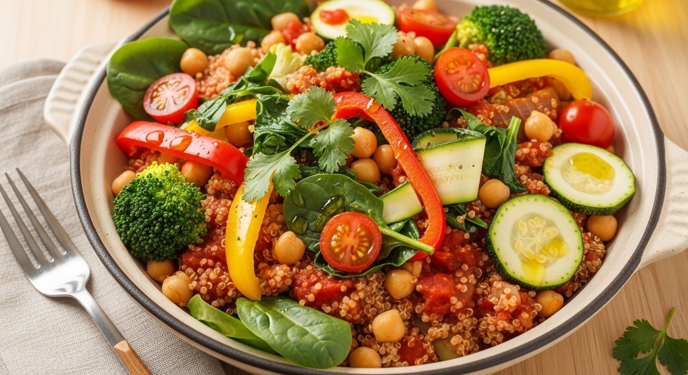 A healthy vegetarian one-pot meal filled with colorful vegetables, quinoa, and chickpeas, ready to be served. Emphasize the nutritional aspect of one-pot meals.