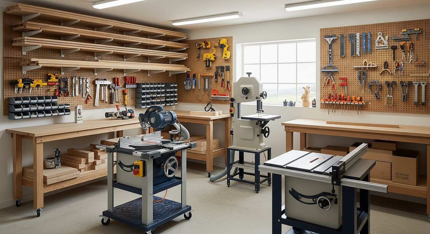 A highly organized and efficient small woodworking shop, demonstrating excellent space utilization with mobile tool bases, vertical storage, and compact essential woodworking tools for small shops. The environment should be tidy and inspiring.