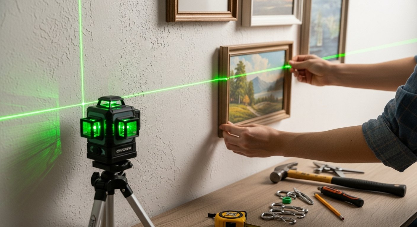 A Laser Level projecting a bright green line onto a wall, with a person using it to hang a series of framed art pieces, showcasing DIY home decor tools.