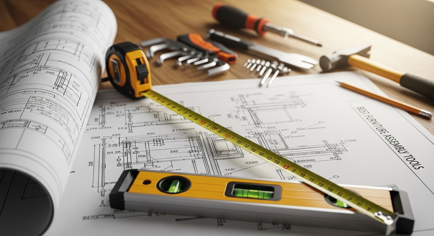 A measuring tape and a level laid out on a blueprint or assembly instructions, symbolizing accuracy and precision among the Best Furniture Assembly Tools.