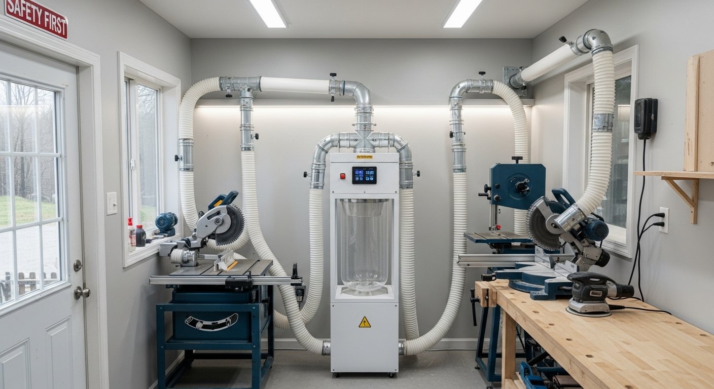 A modern, compact dust collection system integrated into a small, clean woodworking shop, emphasizing safety and air quality. The system is connected to various essential woodworking tools for small shops.