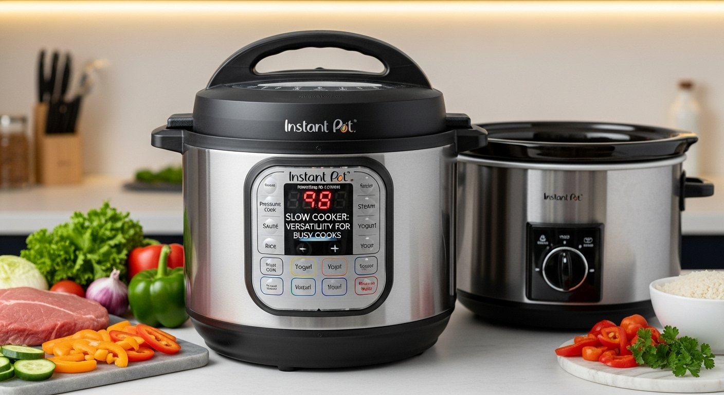 A modern Instant Pot displaying its multi-functionality with various settings, emphasizing the instant pot versatility vs slow cooker for busy cooks.