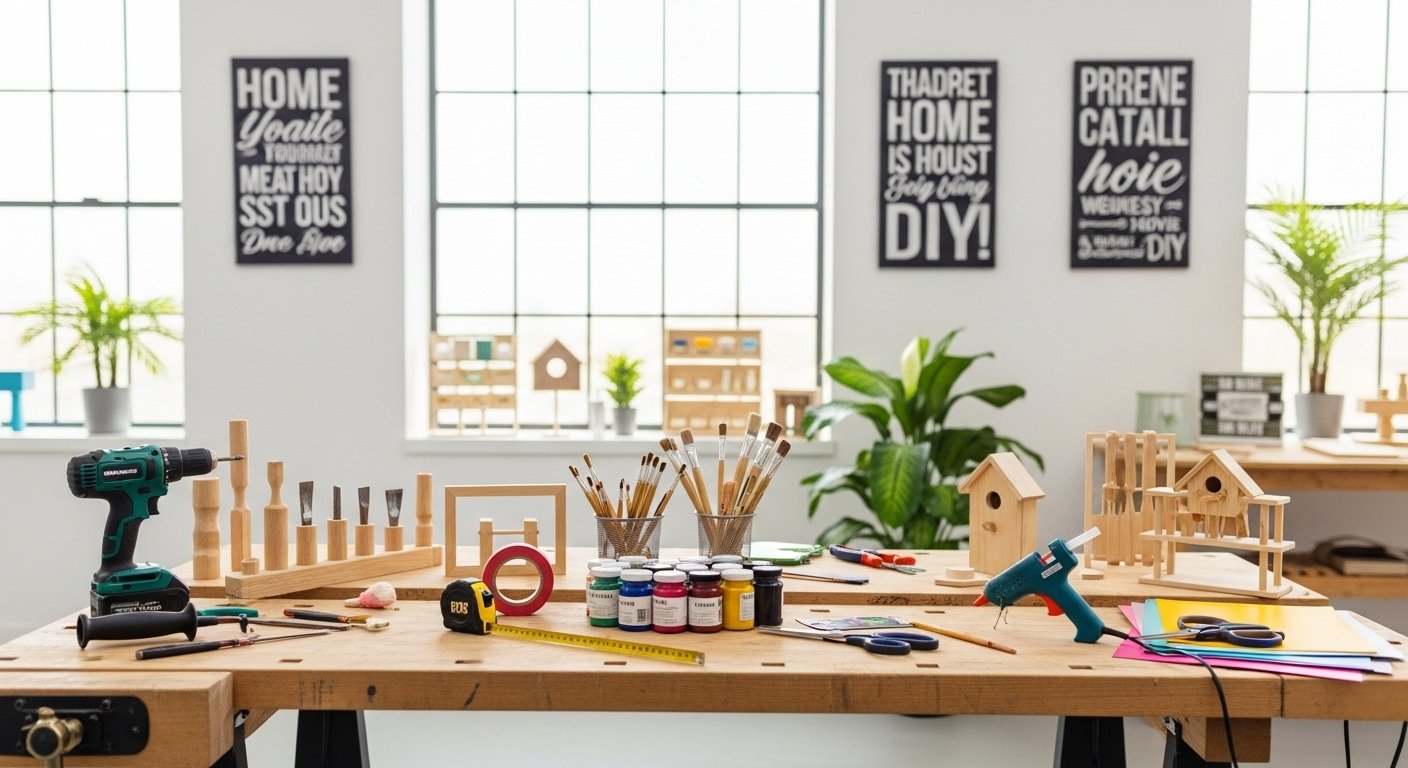 A modern, well-lit workshop with various DIY home decor tools laid out neatly on a workbench, ready for use. Emphasize a friendly and approachable DIY atmosphere.