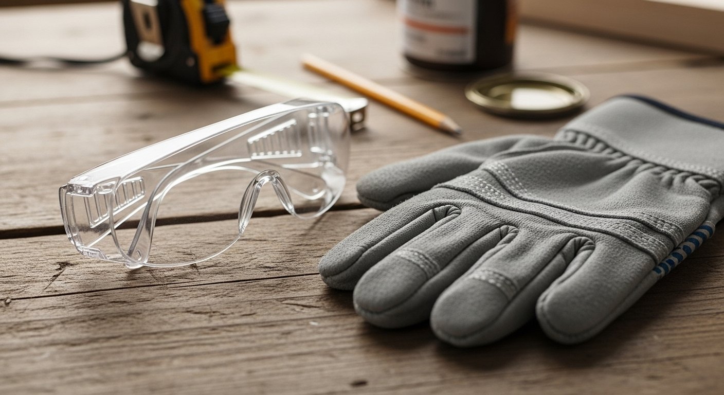 A pair of safety glasses and work gloves resting on a surface, emphasizing the importance of safety within a home decor tool kit context.