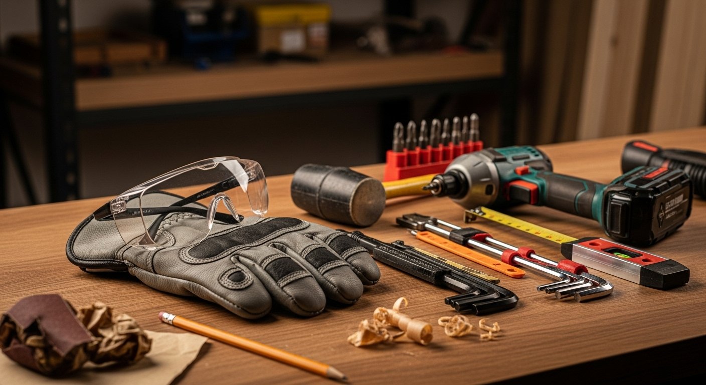 A pair of work gloves and safety glasses placed on a workbench next to some Best Furniture Assembly Tools, emphasizing safety precautions.