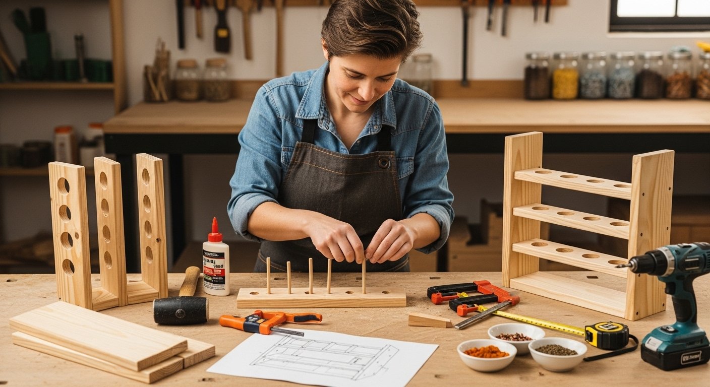 A person carefully assembling wooden pieces to create a DIY spice rack, demonstrating the steps on how to build a flavorful spice rack.