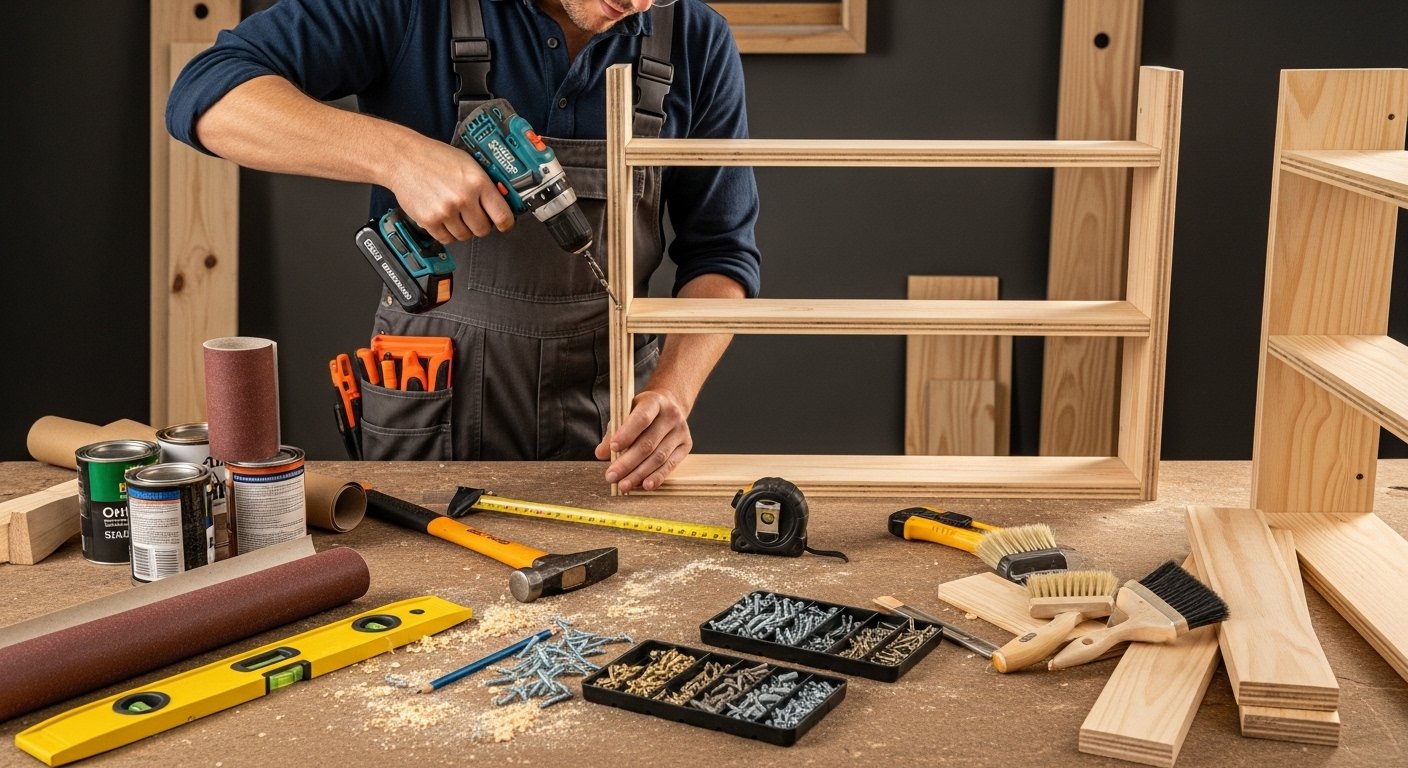 A person confidently using a Cordless Drill/Driver to assemble a wooden shelf, surrounded by other DIY home decor tools and project materials.