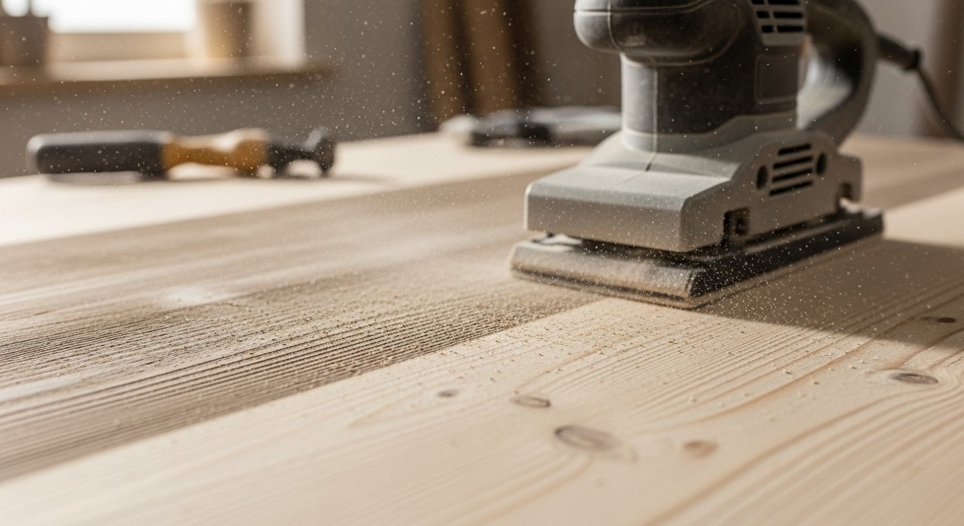 A powerful orbital sander, one of the essential DIY home decor tools, smoothing a wooden surface to perfection for a polished finish.