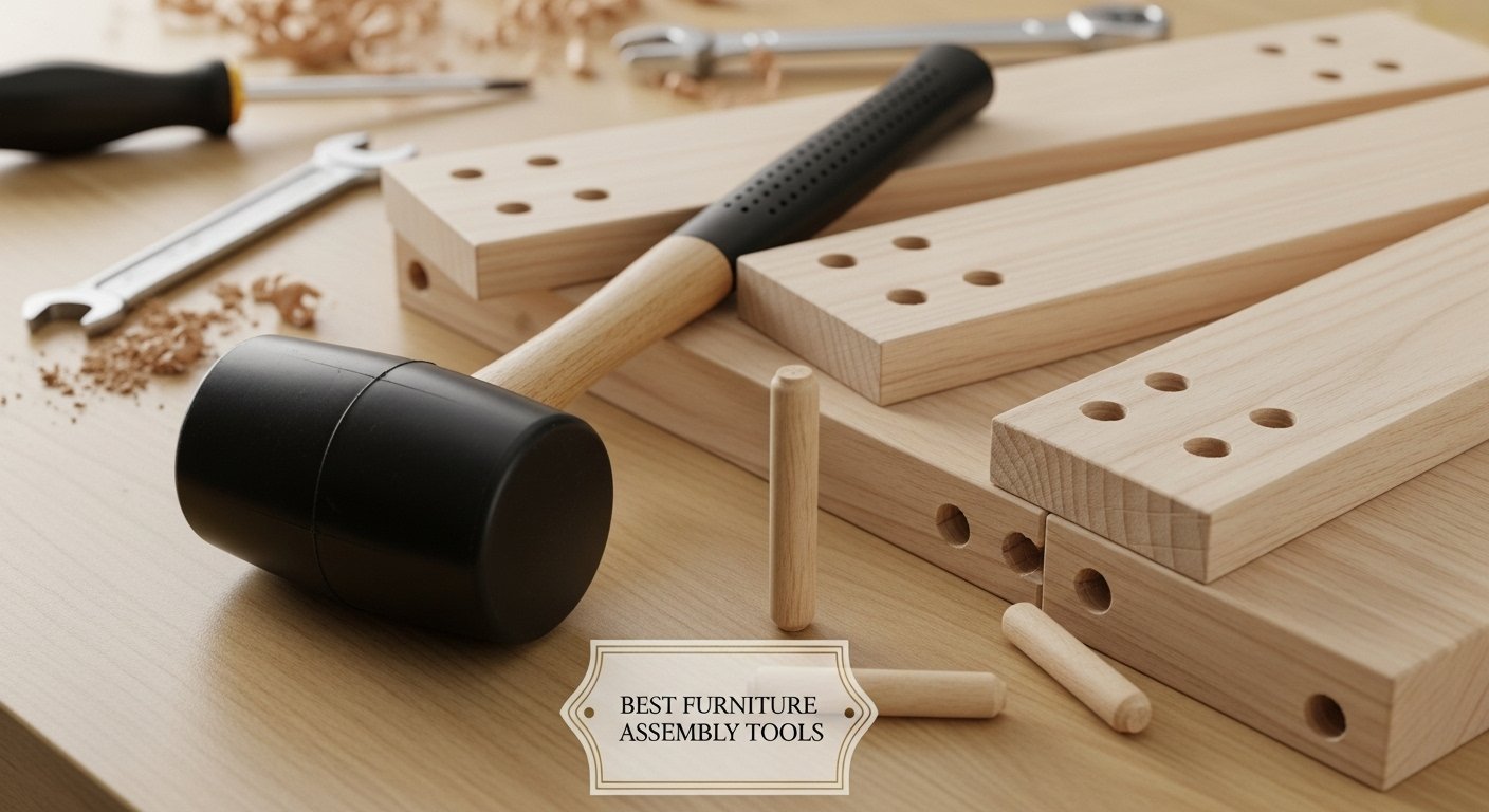 A rubber mallet positioned next to wooden furniture components being assembled, highlighting its role as one of the Best Furniture Assembly Tools for gentle adjustments.