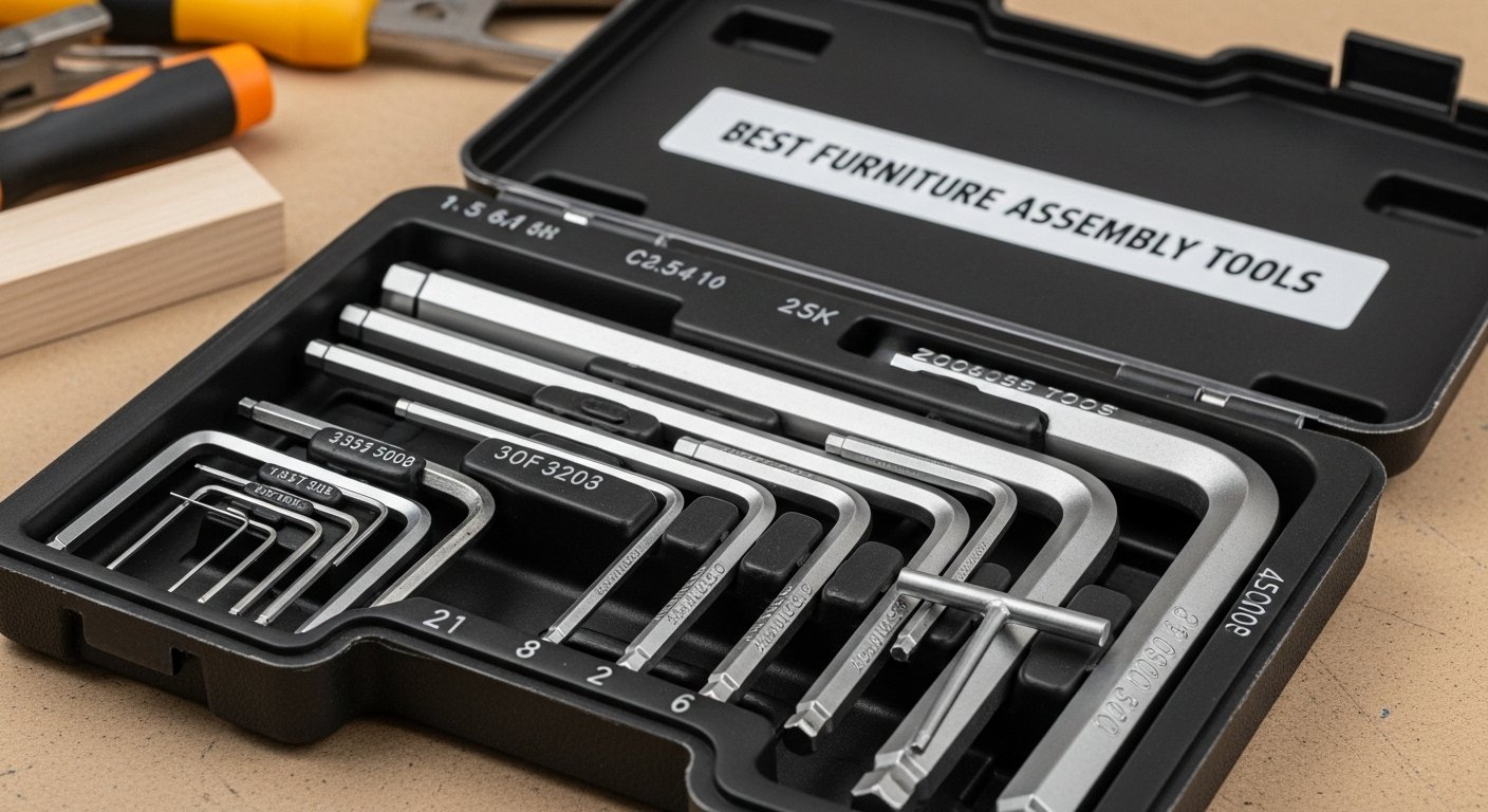 A set of L-shaped and T-handle Allen wrenches (hex keys) organized in a case, ready for use as part of the Best Furniture Assembly Tools.