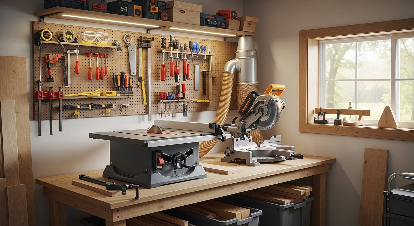A small, well-lit woodworking shop featuring a compact benchtop table saw and a compound miter saw. The scene should emphasize efficiency and safety in a small space, showcasing essential woodworking tools for small shops.