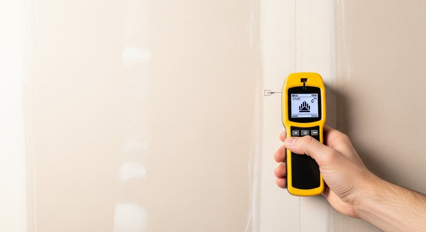 A stud finder being used on a drywall to locate a hidden stud, with a hand holding the device. In the background, a large blank wall awaits a new piece of art, showcasing the importance of proper picture hanging tools.