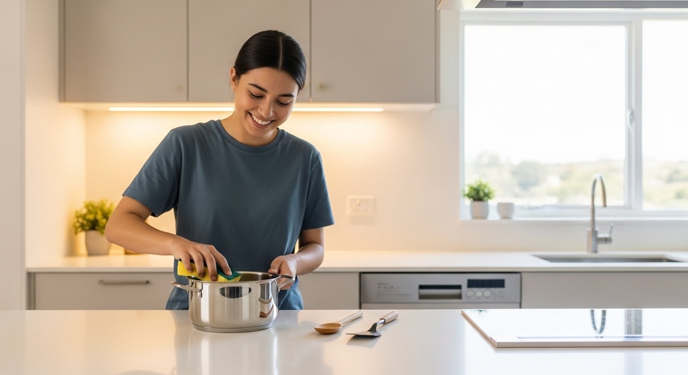 A student happily cleaning up after preparing a one-pot meal, showing only one pot and minimal utensils, emphasizing the time-saving and easy cleanup benefits of one-pot meals.