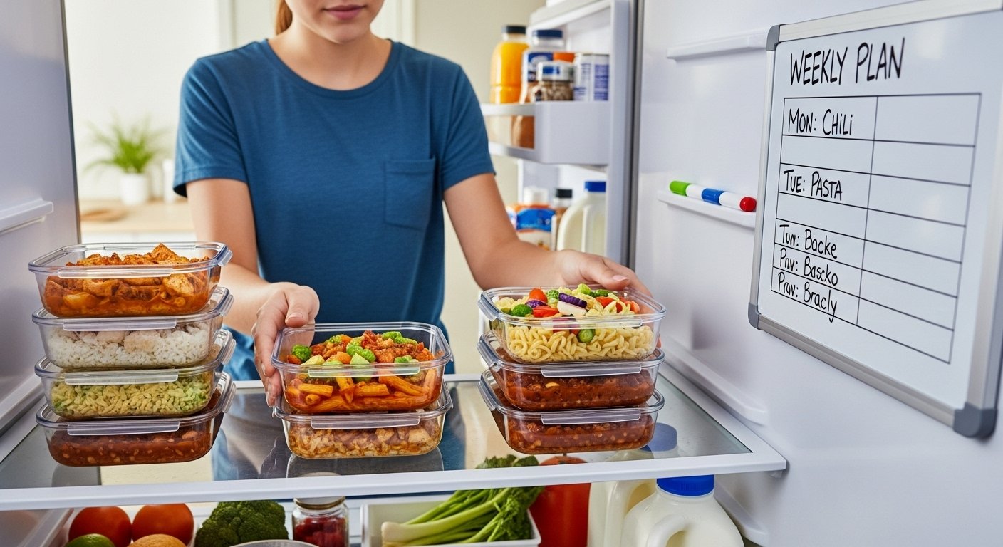 A student organizing portioned one-pot meals in meal prep containers in a fridge, showcasing organized meal prep strategies for one-pot budget meals.