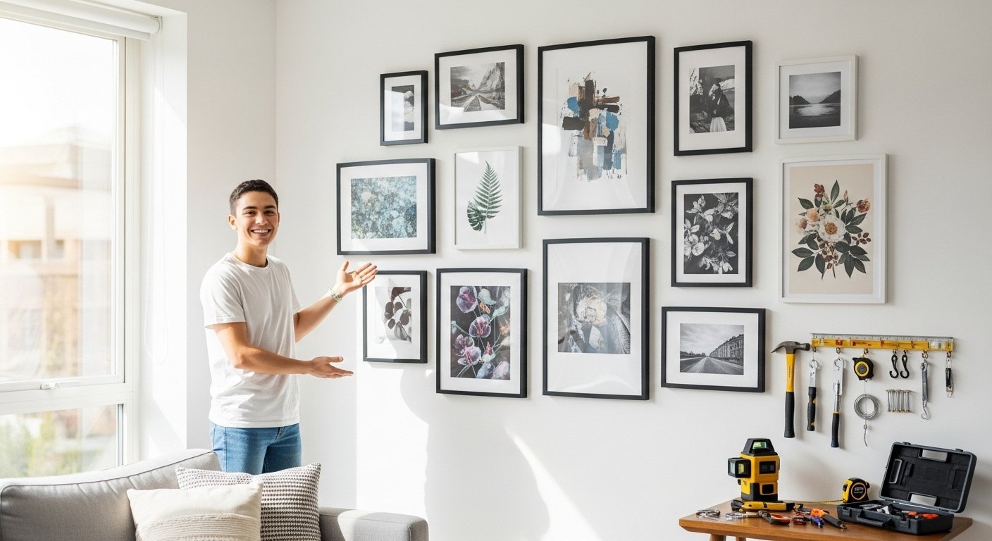 A student proudly displaying a perfectly hung gallery wall in a bright, modern living room, with various picture hanging tools visible on a nearby table, showcasing successful home decor.