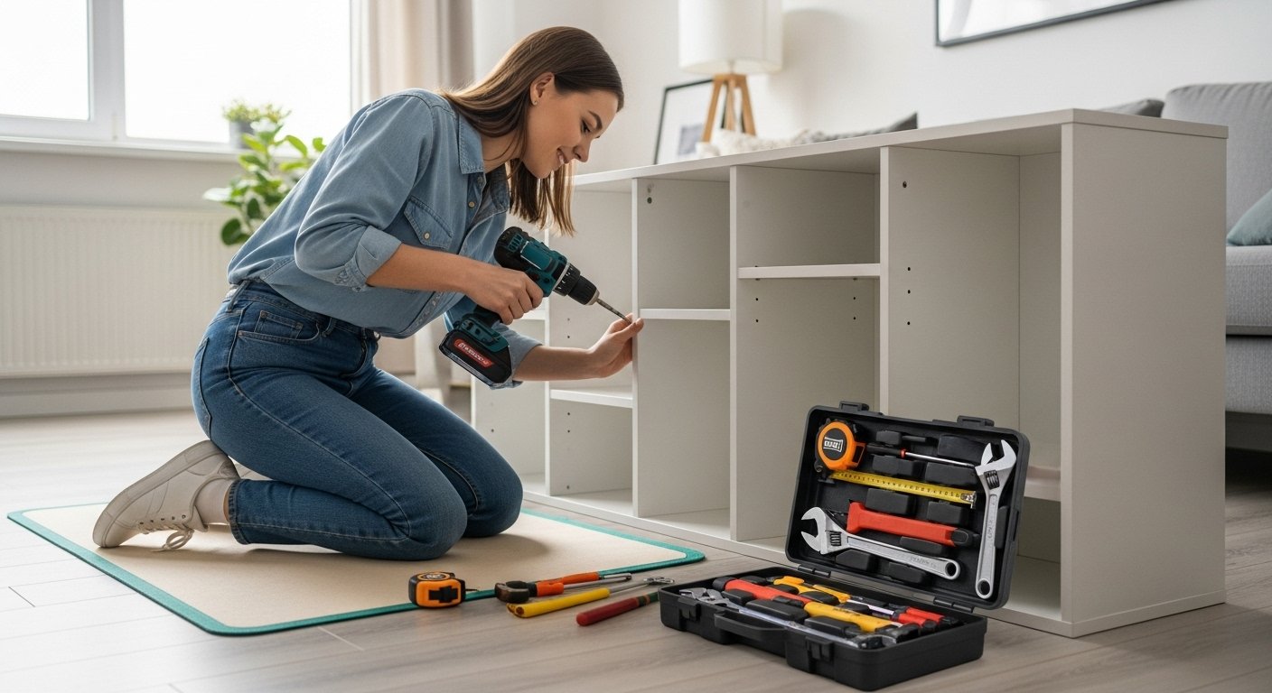 A student using a cordless drill to assemble a piece of furniture, highlighting the versatility of a beginner's home decor tool kit in a modern living space.