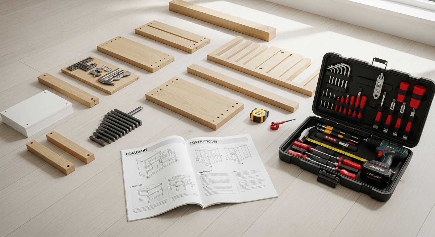 A tidy workspace with furniture components laid out, instructions open, and the Best Furniture Assembly Tools organized and ready, indicating thorough preparation.