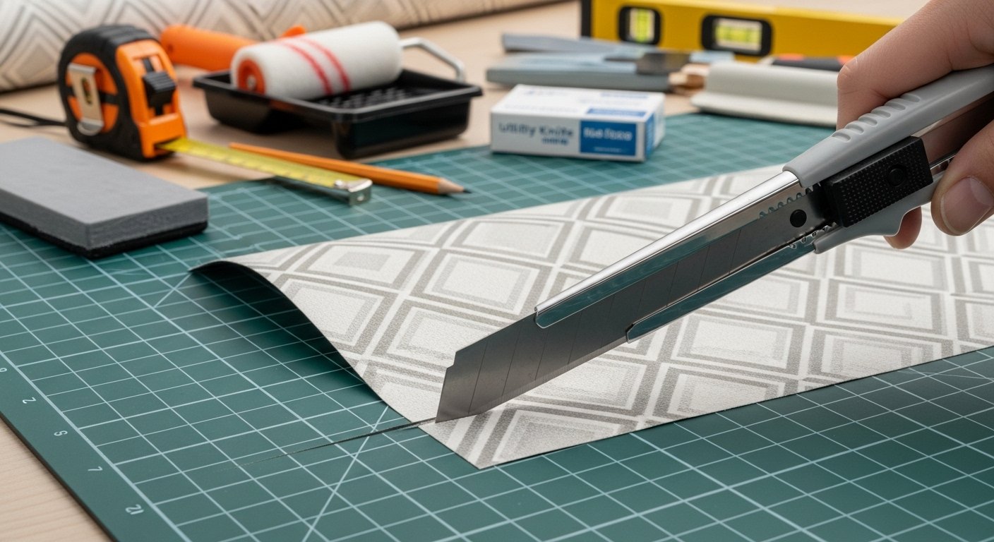 A utility knife cleanly cutting through a piece of wallpaper on a cutting mat, with other essential home decor tools in the background. Essential home decor tools.