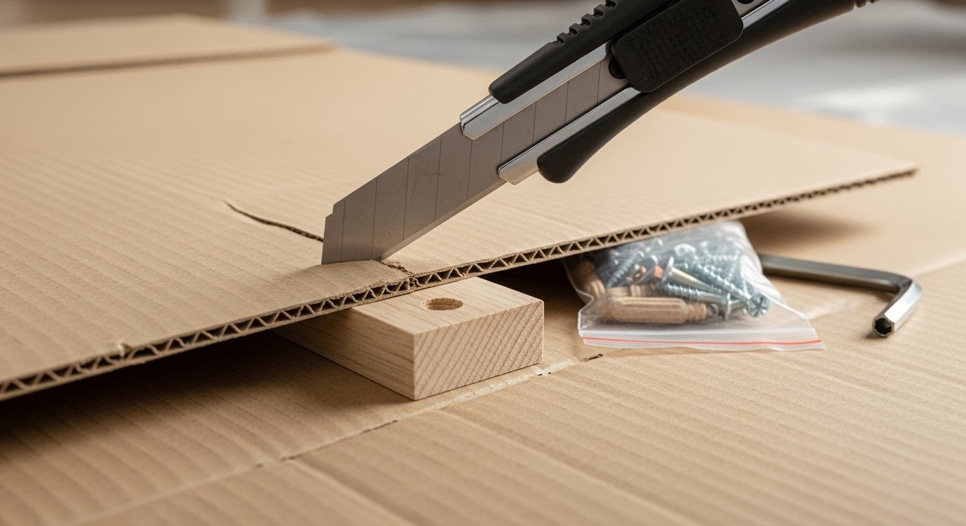 A utility knife slicing through a cardboard box, with a glimpse of unassembled furniture parts inside, representing its utility as one of the Best Furniture Assembly Tools.