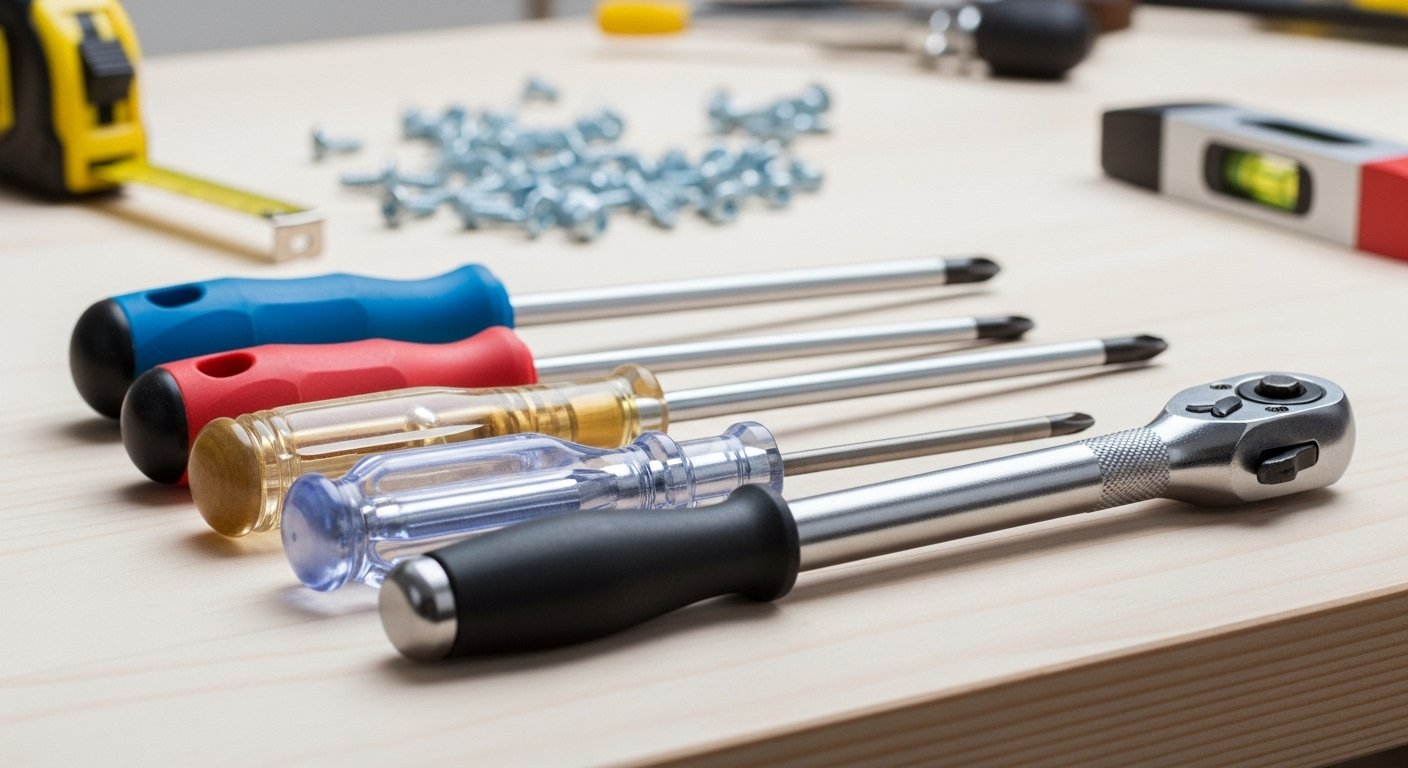 A variety of screwdrivers (Phillips, flat-head, Torx, ratcheting) neatly arranged on a work surface, emphasizing the different types of Best Furniture Assembly Tools.