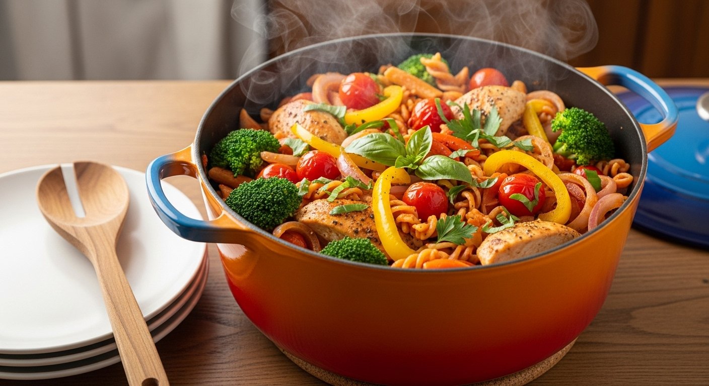 A vibrant and colorful one-pot meal, perhaps a pasta dish with vegetables and chicken, steaming gently in a large pot, with minimal dirty dishes around. Focus on the appeal and ease of one-pot meals.
