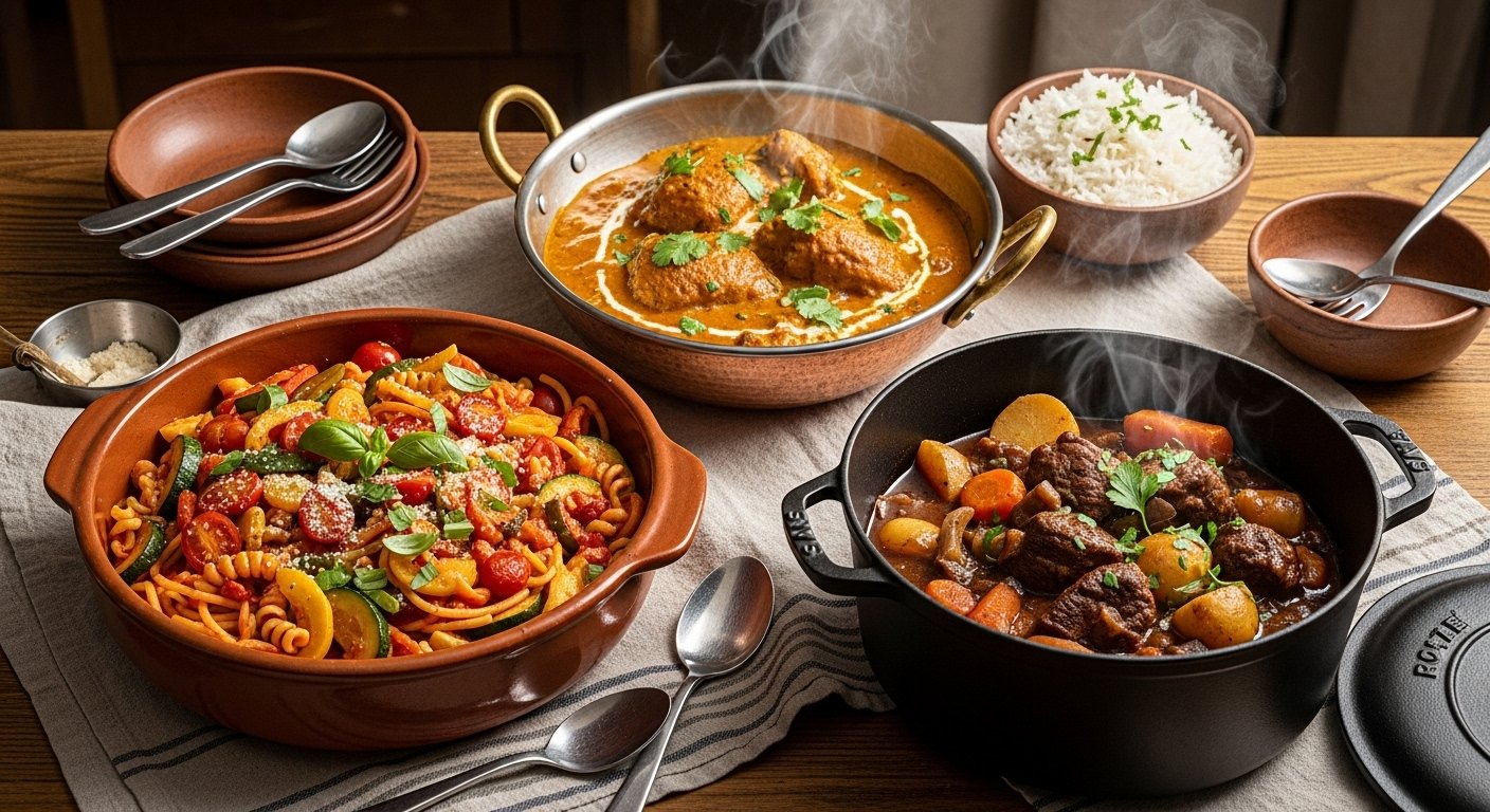 A visually appealing spread of various cooked one-pot meals, showcasing different cuisines like Italian pasta, Indian curry, and a hearty stew, emphasizing variety and deliciousness of one-pot meals.