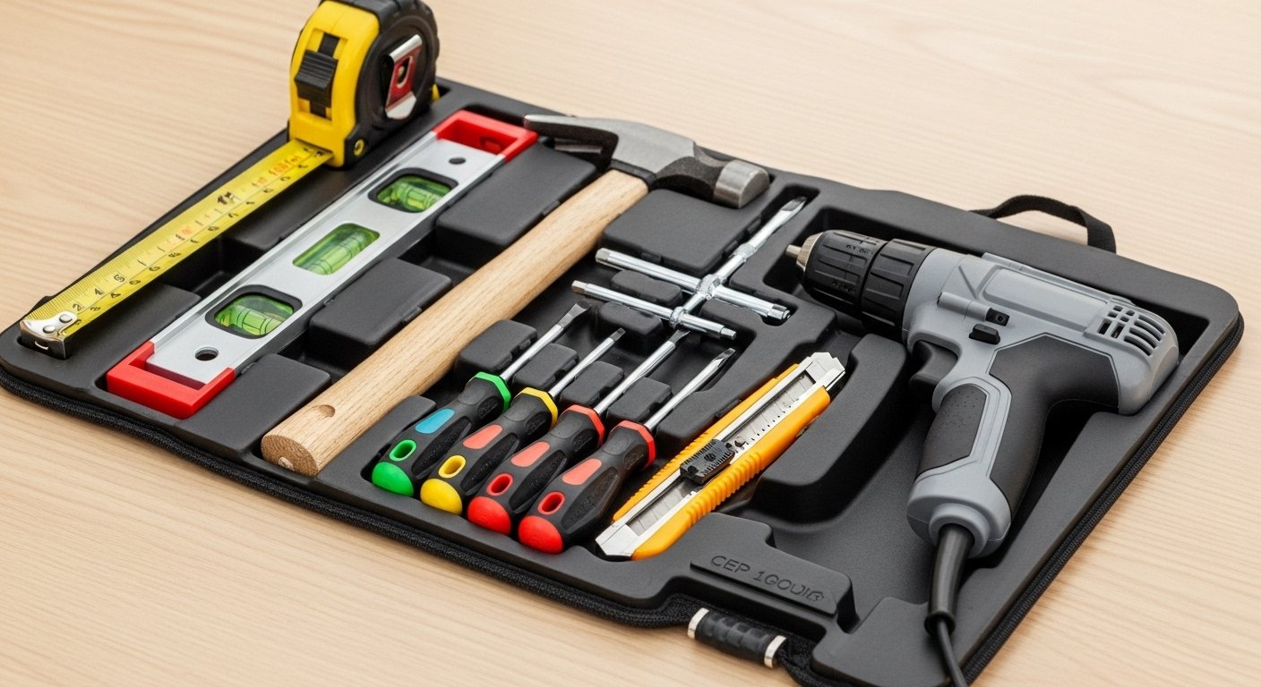 A well-organized, compact home decor tool kit with a measuring tape, level, hammer, screwdrivers, utility knife, and small cordless drill visible on a wooden surface.