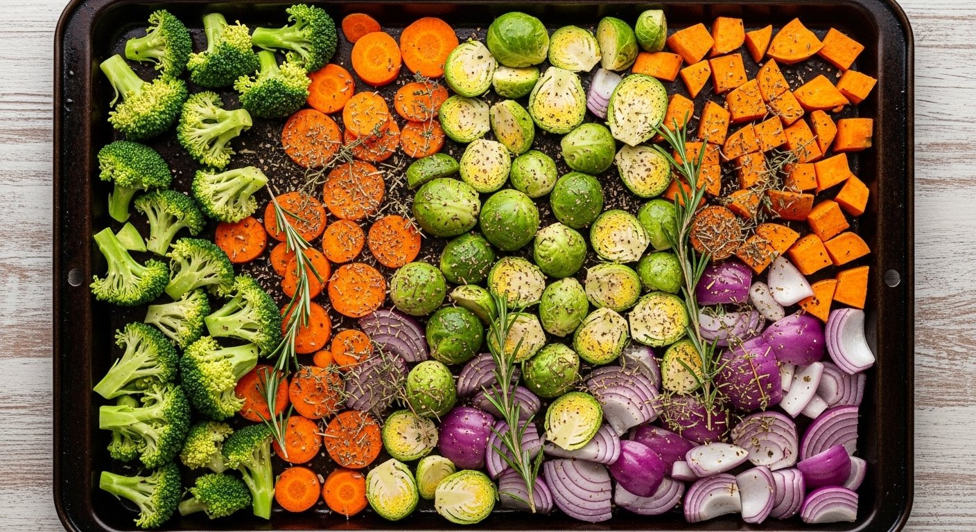 An aerial shot of a large sheet pan filled with perfectly spaced, colorful chopped vegetables (like broccoli, carrots, and Brussels sprouts) in a single layer, coated in oil and seasoning, ready to go into the oven. This visually demonstrates the 'don't crowd the roasting pan' rule for how to roast vegetables perfectly.