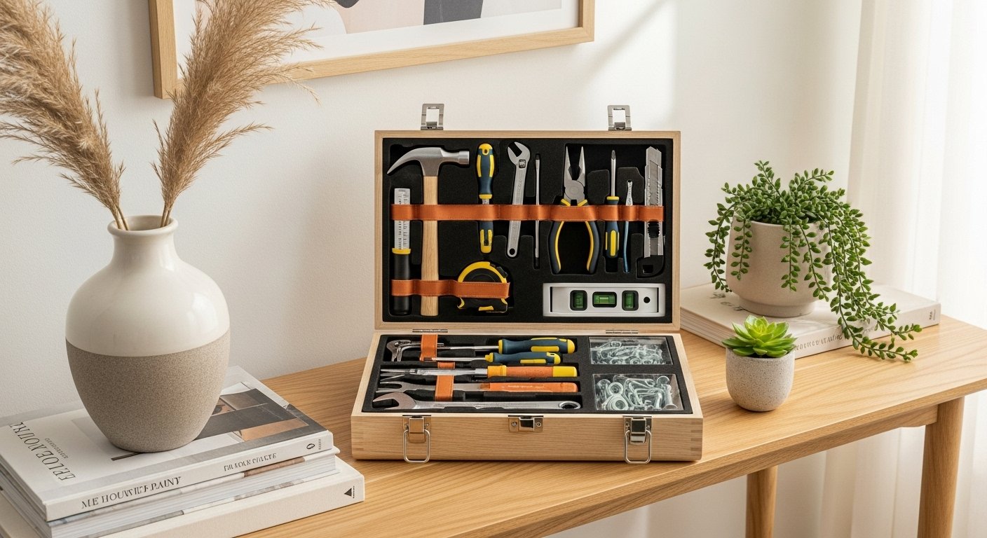 An aesthetically pleasing, organized small home decor tool kit stored in a compact toolbox, showcasing tools neatly arranged for easy access in an apartment setting.