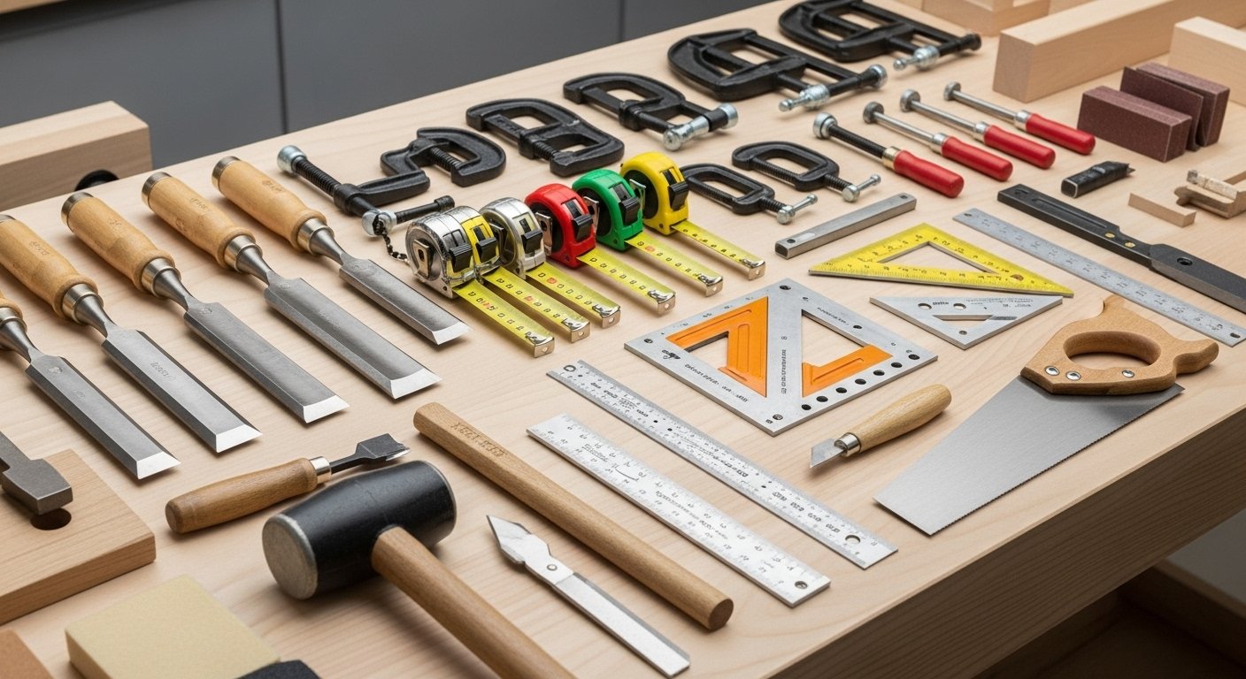 An array of essential hand woodworking tools for small shops laid out on a clean workbench, including chisels, various clamps, measuring tapes, and squares. The image should convey precision and craftsmanship.