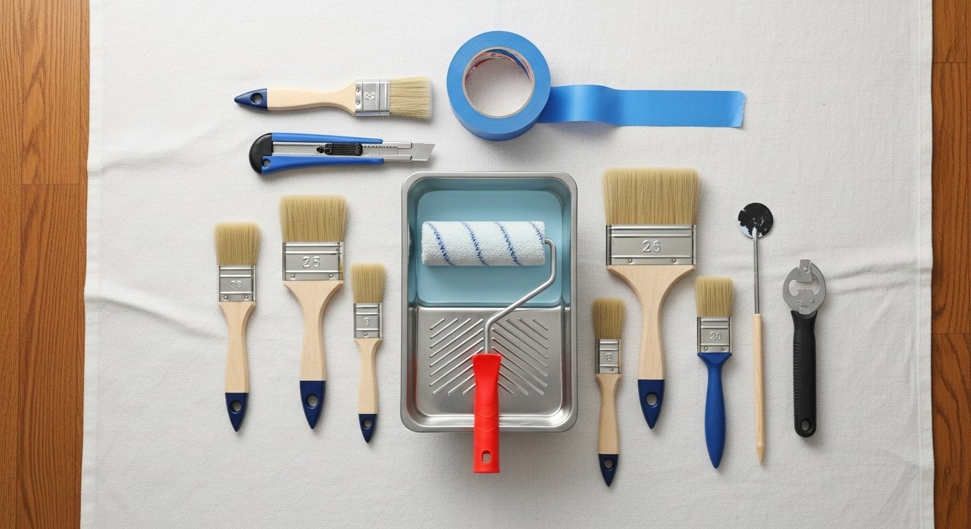 An array of paint brushes, rollers, a paint tray, and masking tape laid out on a drop cloth, ready for a home painting project. Essential home decor tools.