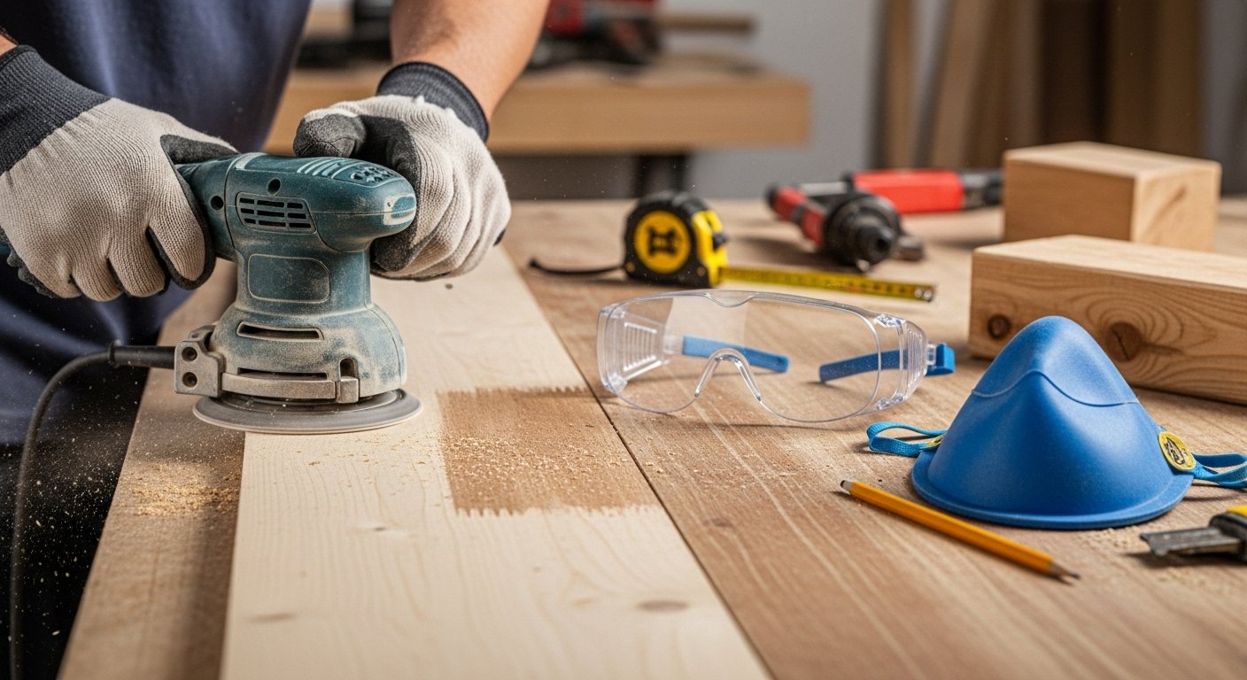 An orbital sander in action on a wooden surface, creating a smooth finish, with protective eyewear and dust mask visible nearby. Essential home decor tools.