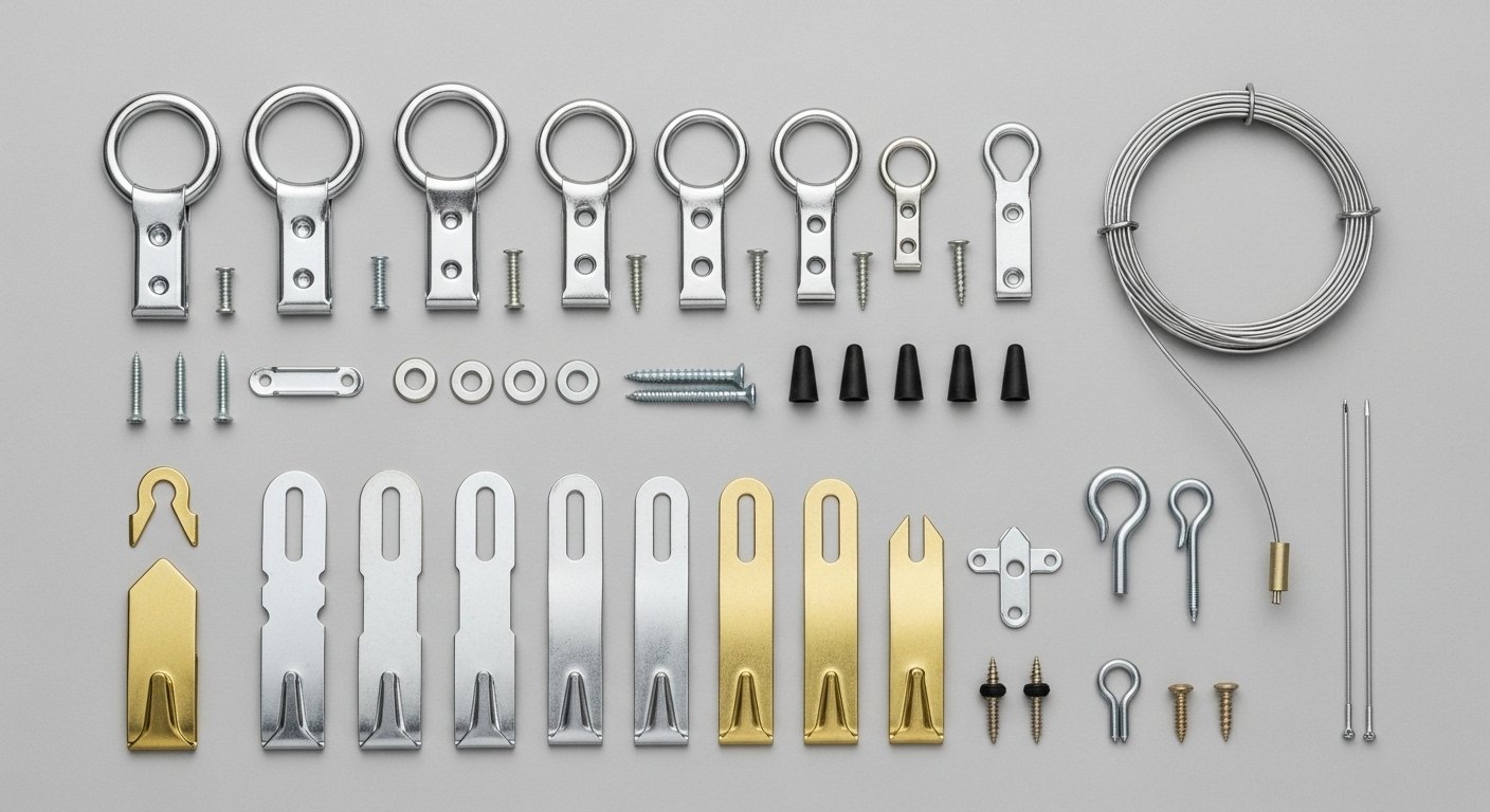 An organized display of various picture hanging tools, including D-rings, sawtooth hangers, and wire, demonstrating the different options for securing art on a light background.